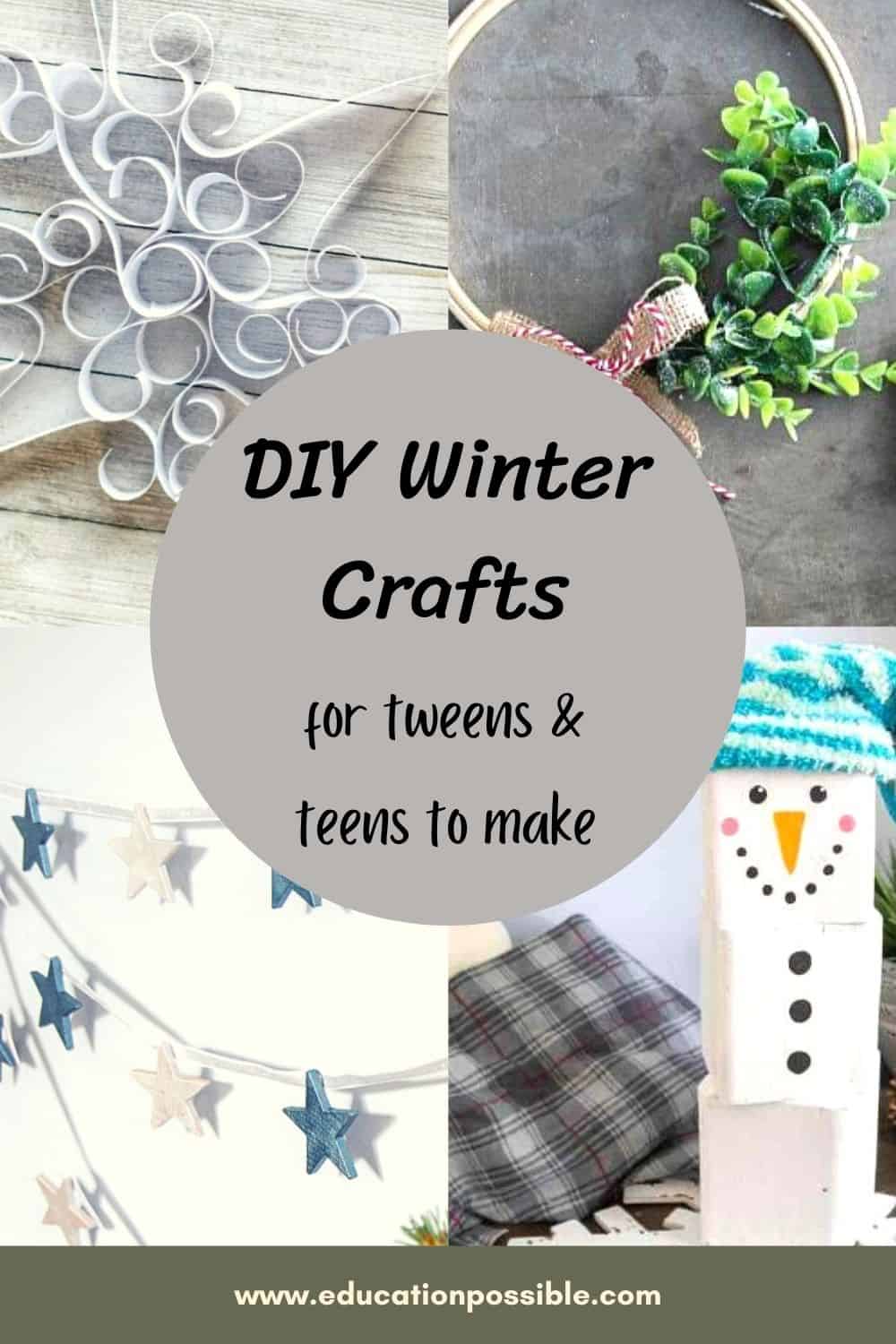 4 DIY crafts for winter. Curled paper snowflake, block snowman, hoop wreath, and star garland