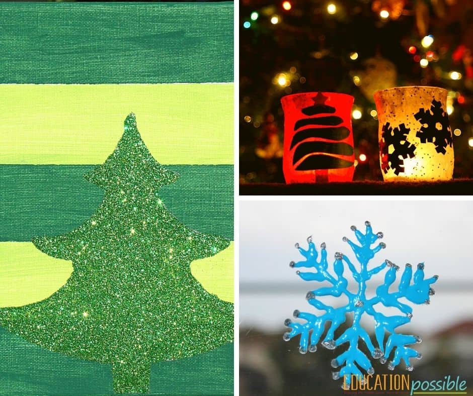 Christmas crafts - green glitter tree painted on a green and yellow striped canvas, lit up luminaries, blue snowflake window cling