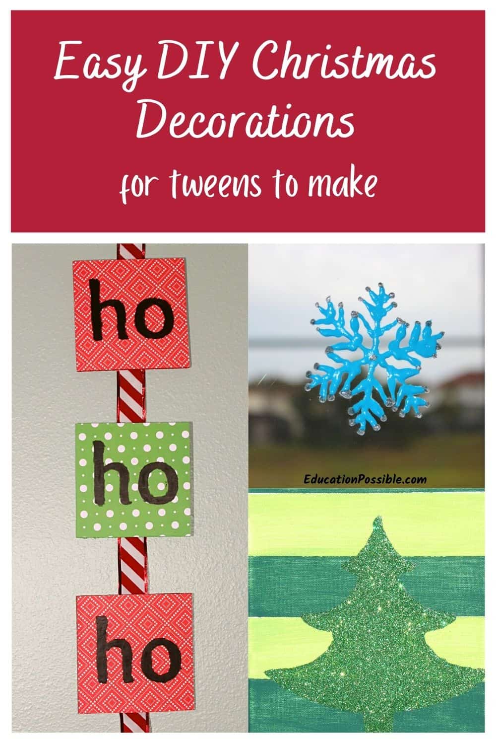 3 DIY Christmas decorations. Ho-Ho-Ho wall hanging, blue snowflake window cling, green glitter tree painted on green striped canvas.