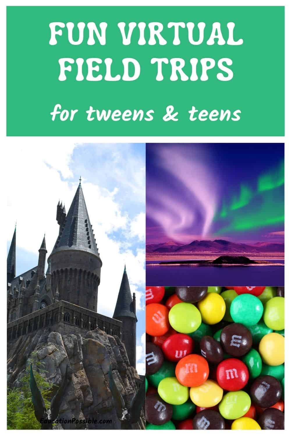 3 image collage - Hogwarts castle at Universal Orlando, northern lights, M&M candy