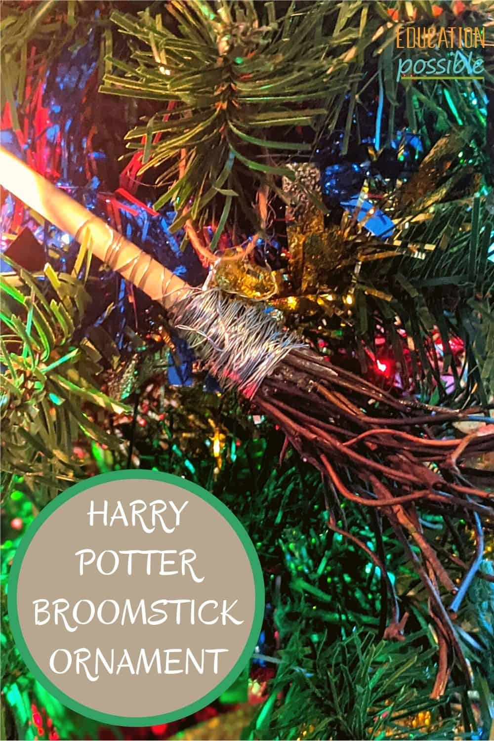 Mini DIY Harry Potter quidditch broom hanging on Christmas tree.
