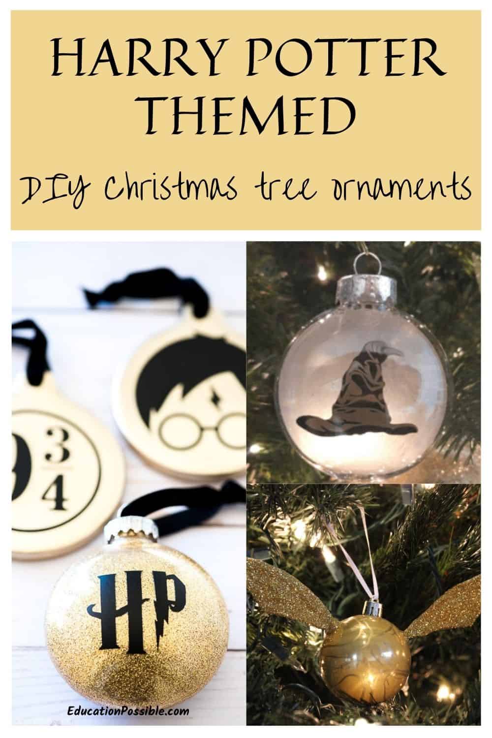 collage of 3 homemade Harry Potter ornaments. 2 balls with symbols and one golden snitch