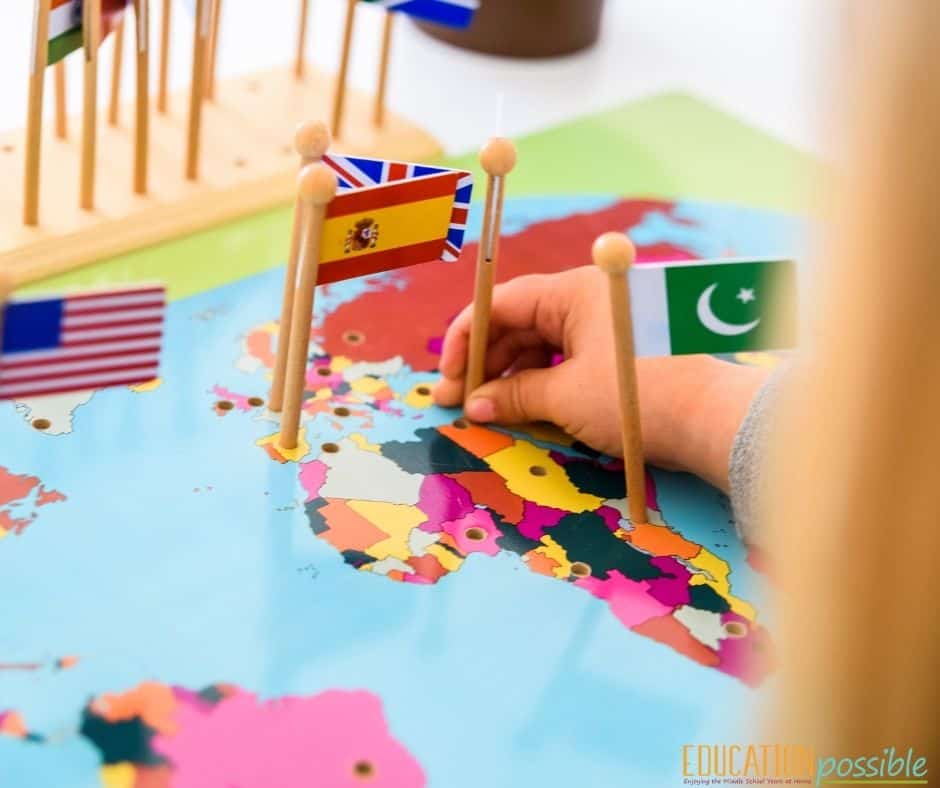 Hand putting a flag on a peg into a hole on a wooden map for the country it represents.