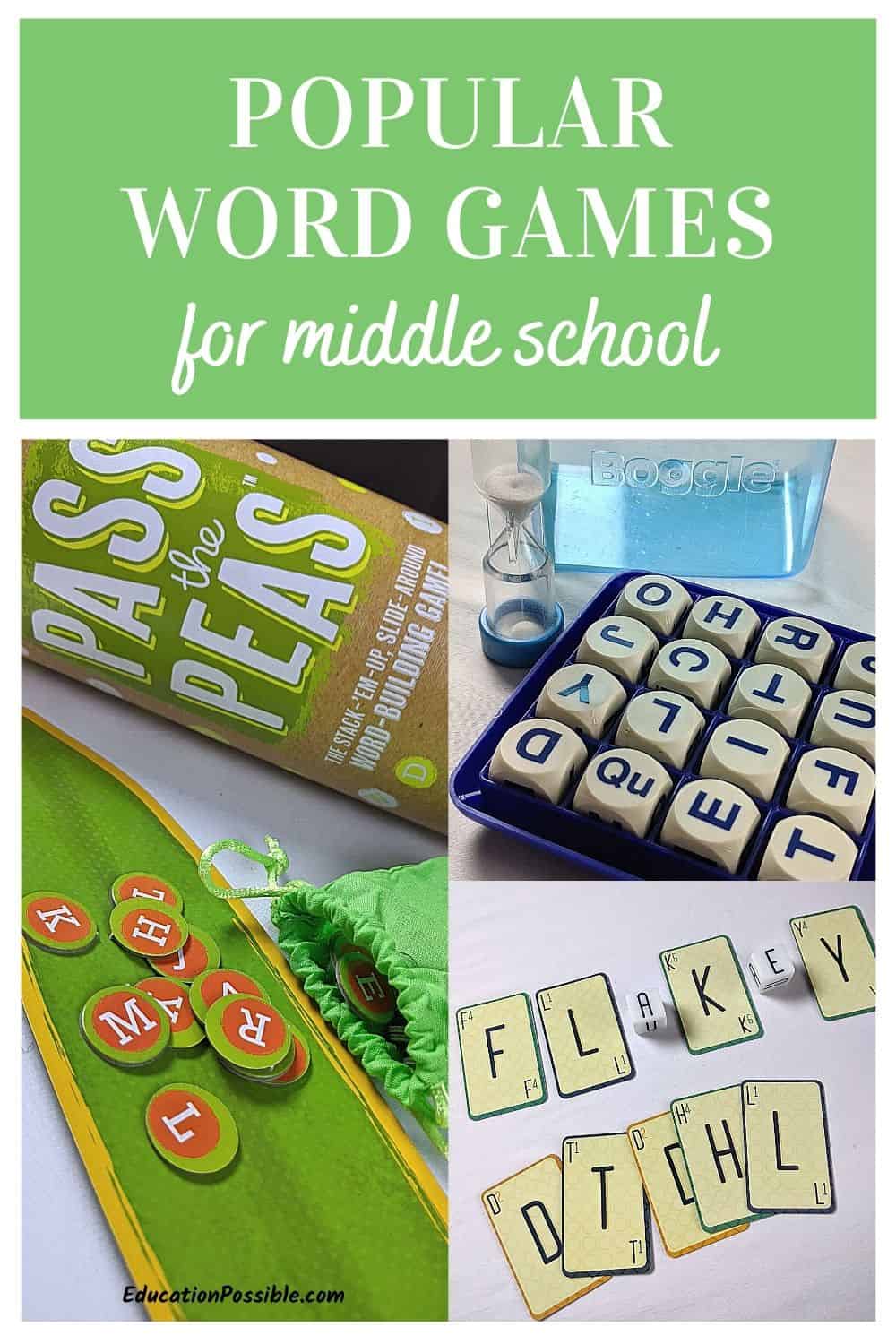 Collage of 3 word board games - Pass the Peas, Boggle, Wordical