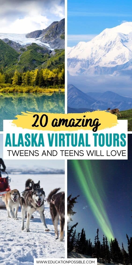 4 images of Alaska. Mountains, a lake, dog sled, and Northern lights.