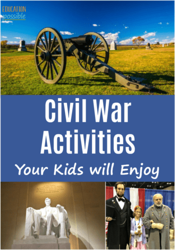 Collage of images for Civil War activities. Cannon, Lincoln Memorial, and child with Lincoln and Lee actors.