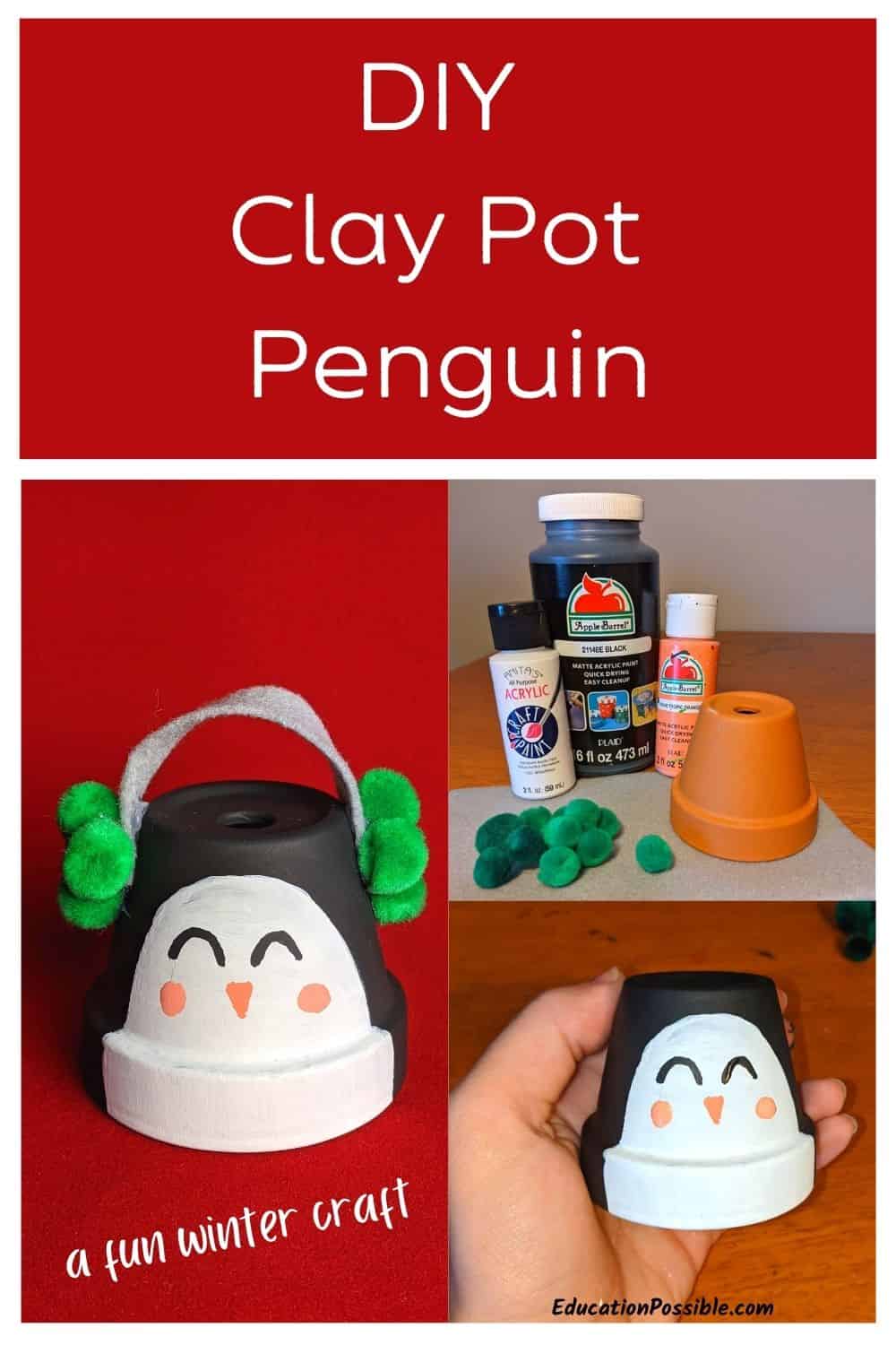 Collage of 3 images of mini clay pot penguin craft.