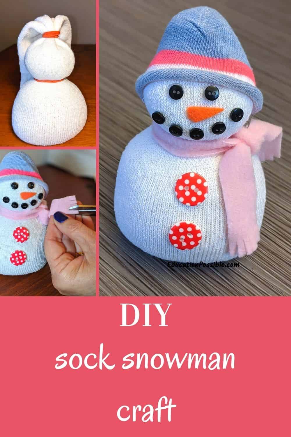 Collage of 3 images for the making of a sock snowman craft.