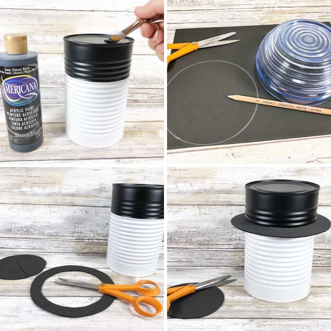 Making a tin can snowman craft - painting the top of the white can and cutting out and adding on the black circle for the hat rim.