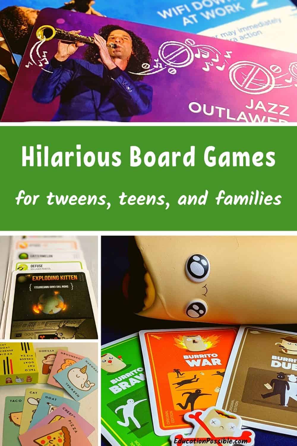 Collage of 4 different funny board games for teens.