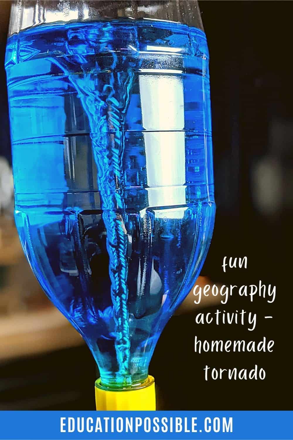 Blue water in a soda bottle, swirling around in a funnel.