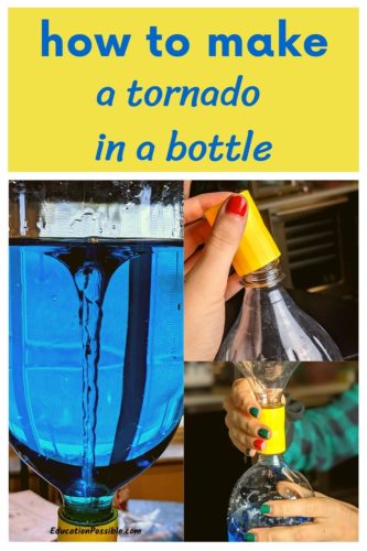 Collage of 3 images. Making a soda bottle tornado with blue water, using a tornado tube.