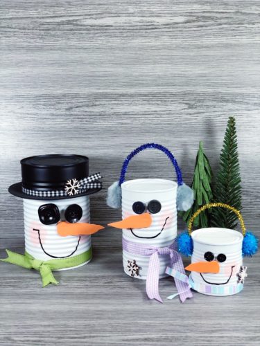 3 Recycled Tin Can Snowmen finished craft