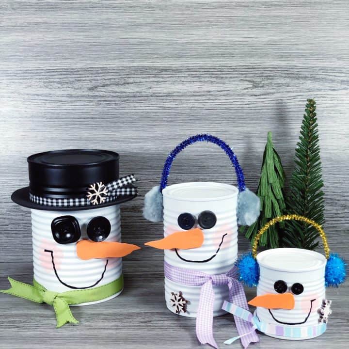 3 Recycled Tin Can Snowmen finished craft