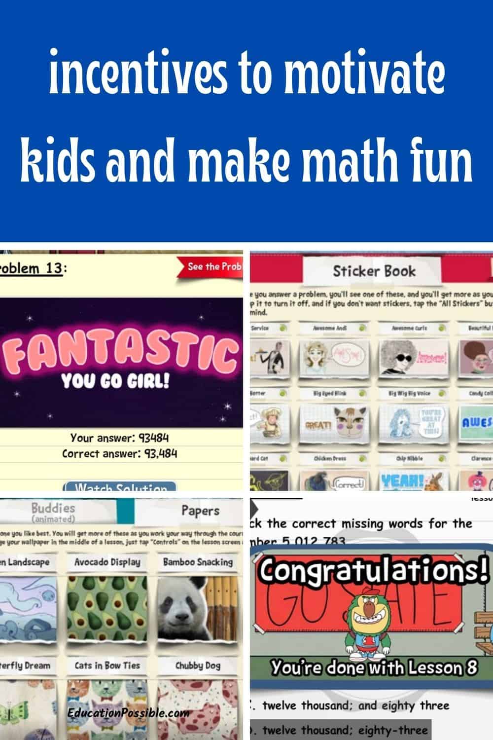 Screenshots of virtual incentives from an online math program.
