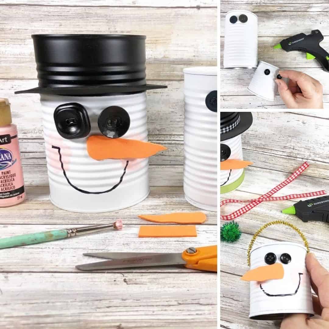 Collage of 3 images showing stages of adding a face onto tin can snowmen as a DIY craft.