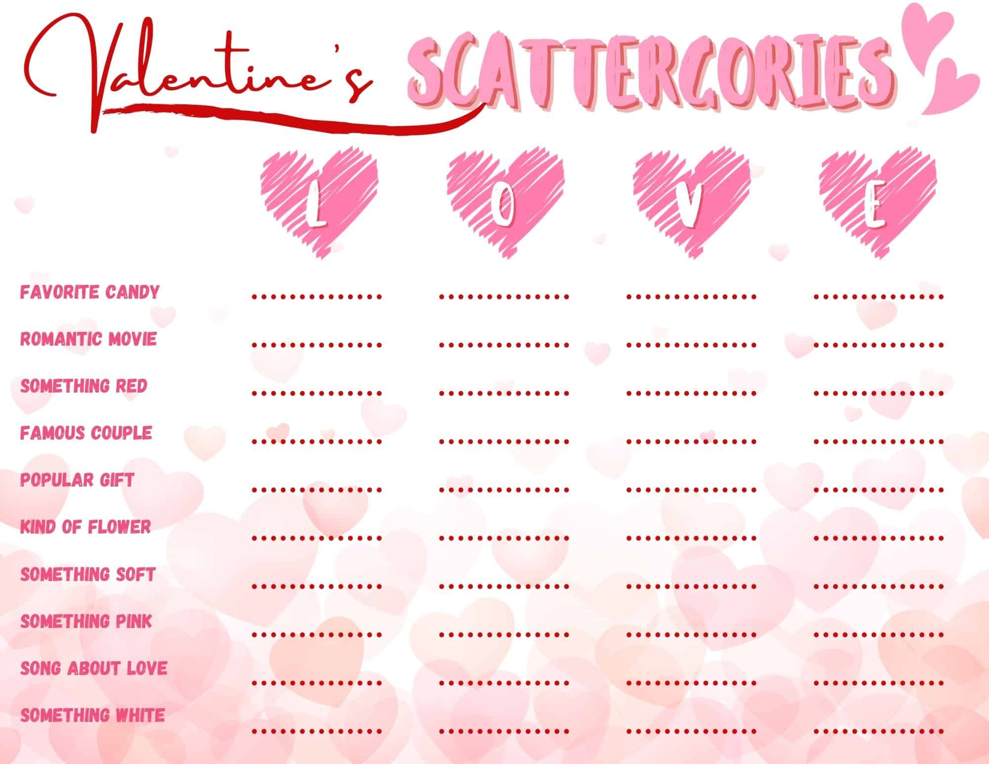 Printable Valentine Scattergories game page