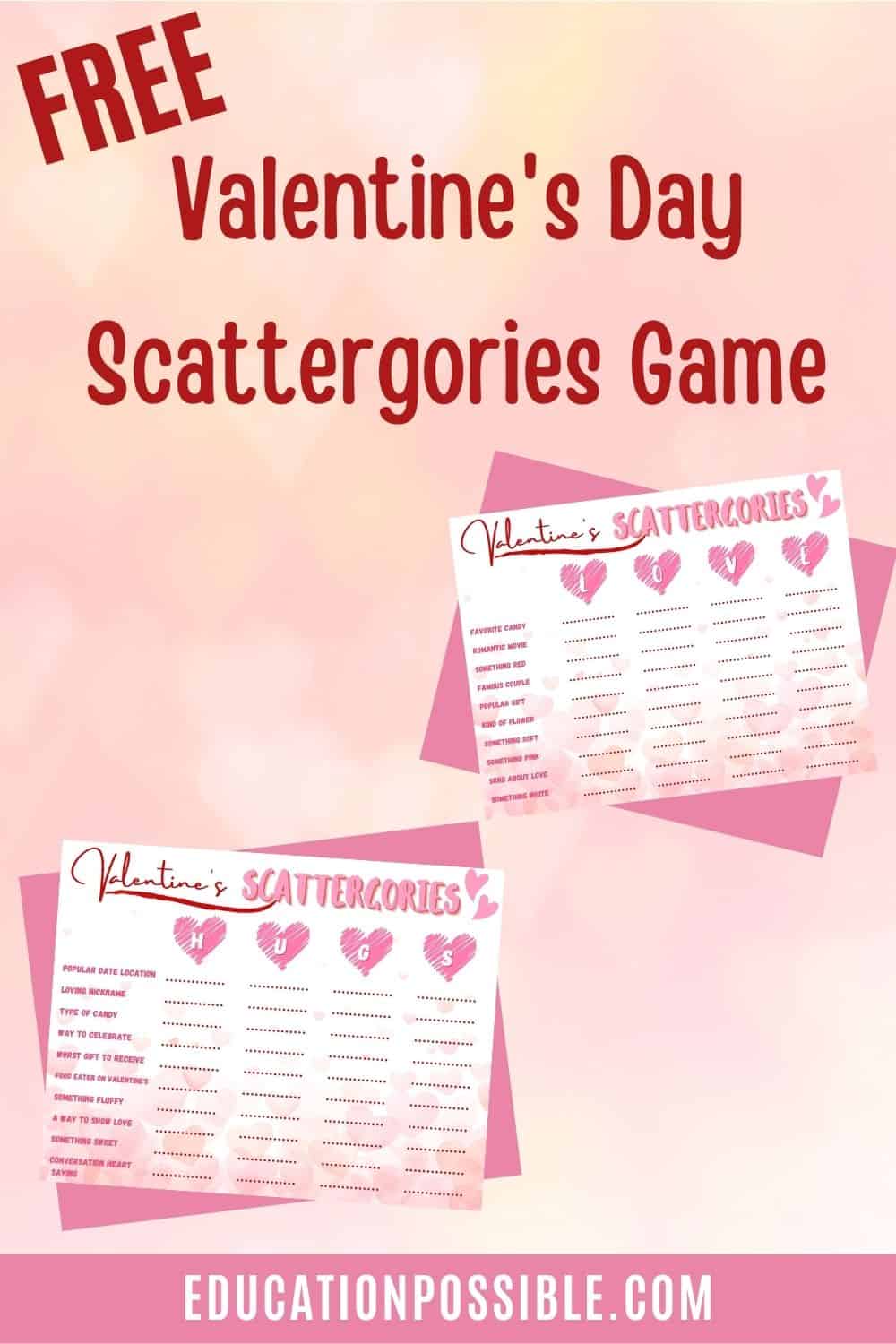 Images of two different pages of a Valentine Scattergories printable game