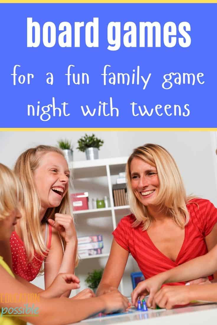 Mom playing a game with her pre-teen daughters.