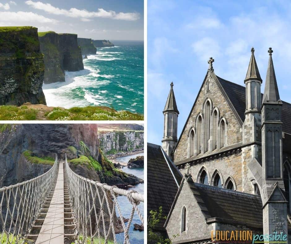 Three famous landmarks in Ireland. St. Patrick's Cathedral, Carrick-A-Rede Rope Bridge, Cliffs of Moher