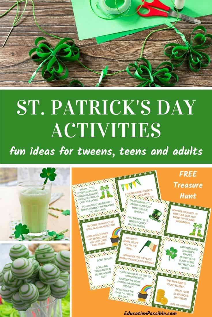 Collage of St. Patrick's Day Activities - crafts, cake pops, shake, treasure hunt cards