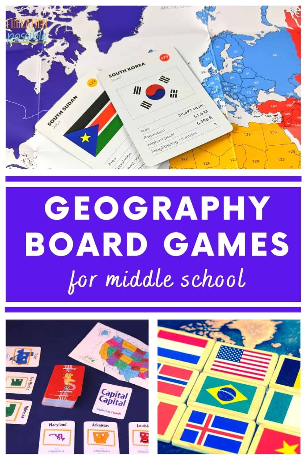 Collage of three different geography board games for teens.