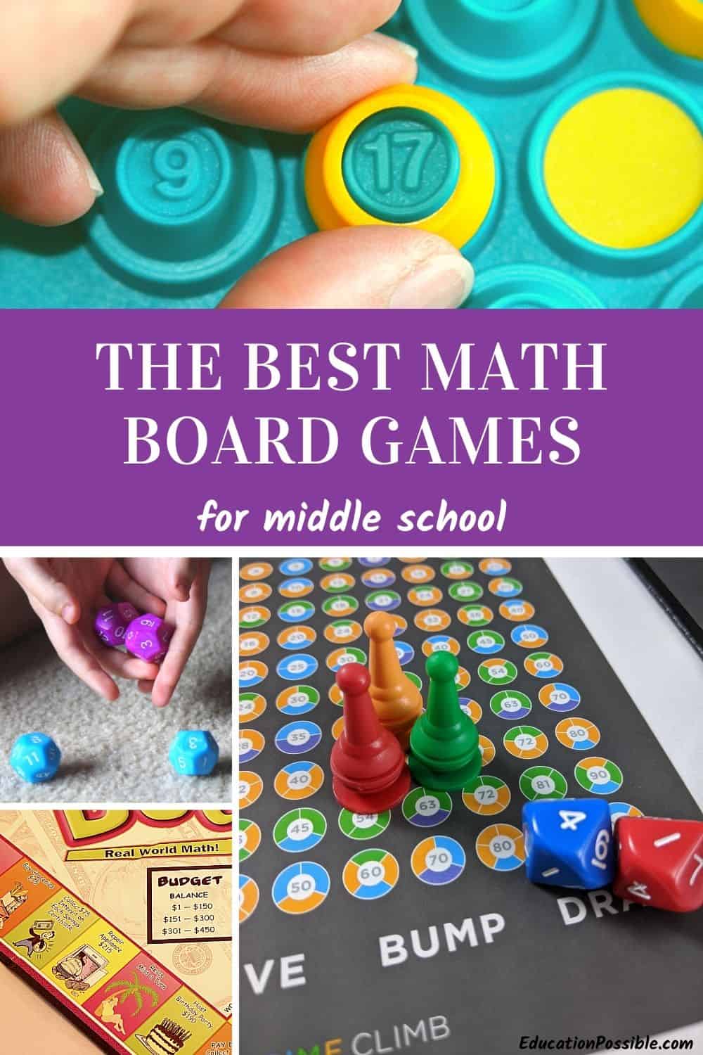 Collage of 4 different math board games for middle school.