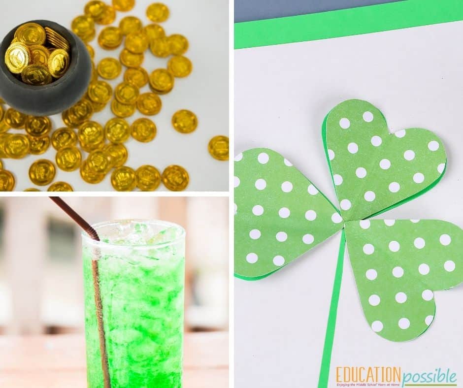 Collage of 3 images for St. Patrick's Day. DIY shamrock card, fizzy green drink, black pot full of gold.