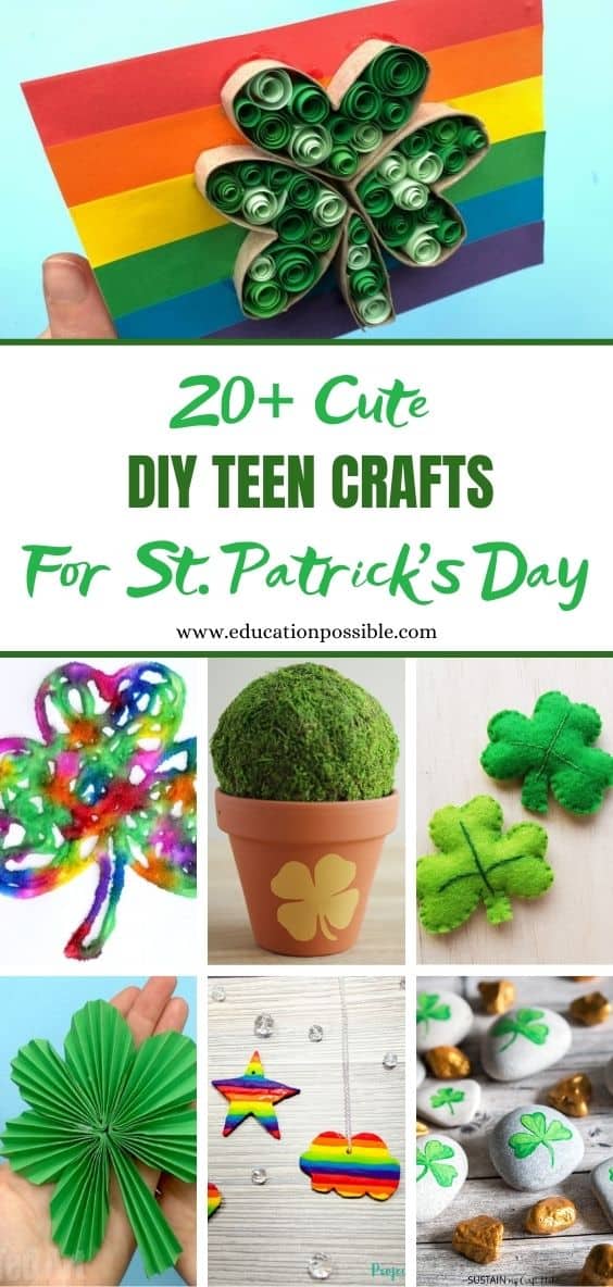 A collage of 7 St. Patrick's Day crafts for teens