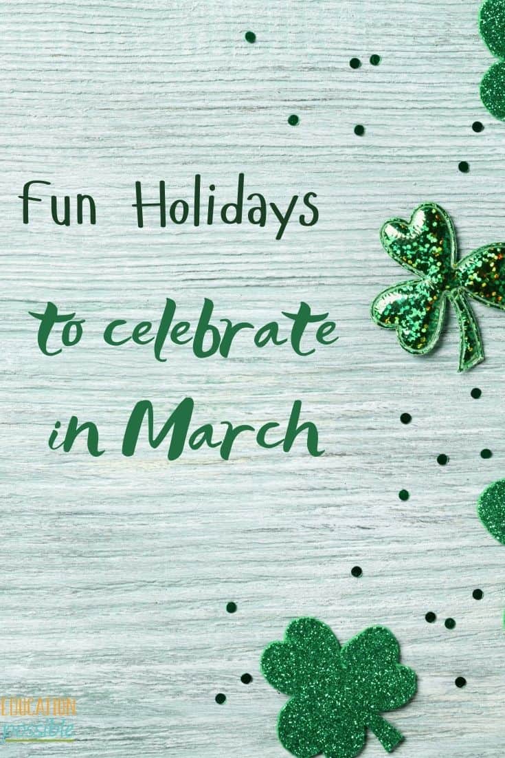Fabric shamrocks and green round confetti on right side, white wood background. Green text.