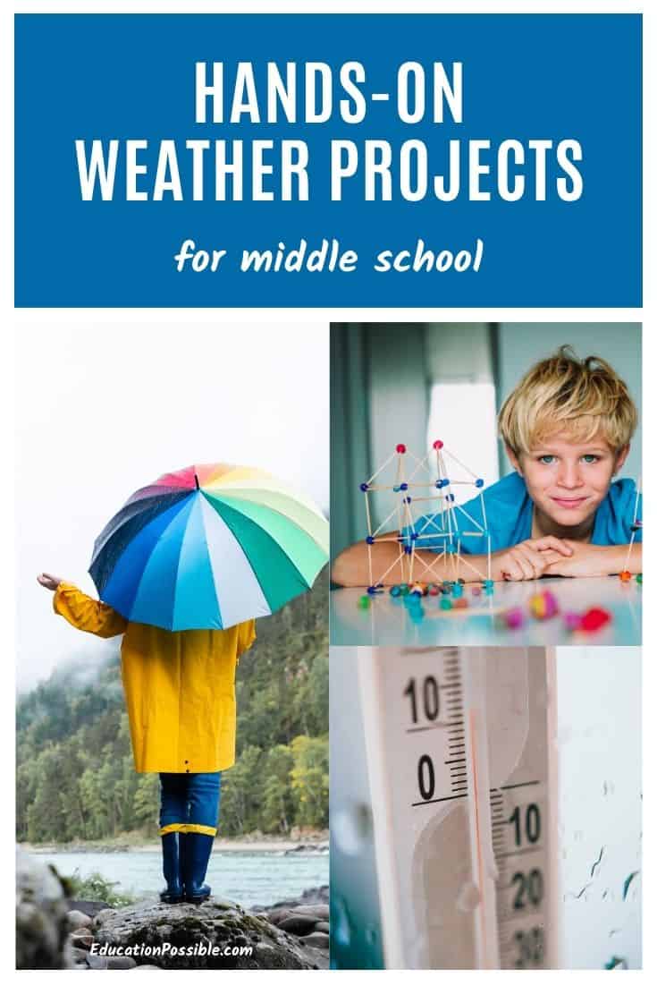 Collage of 3 images for weather activities. Kid holding colorful umbrella, boy making structure from sticks and clay, thermometer.