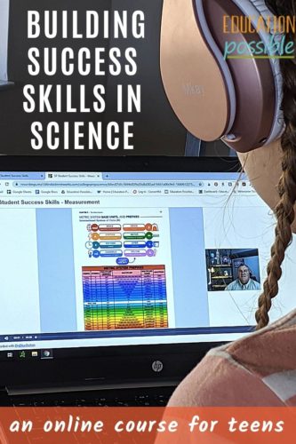 Teen girl wearing headphones watching a class on a laptop.
