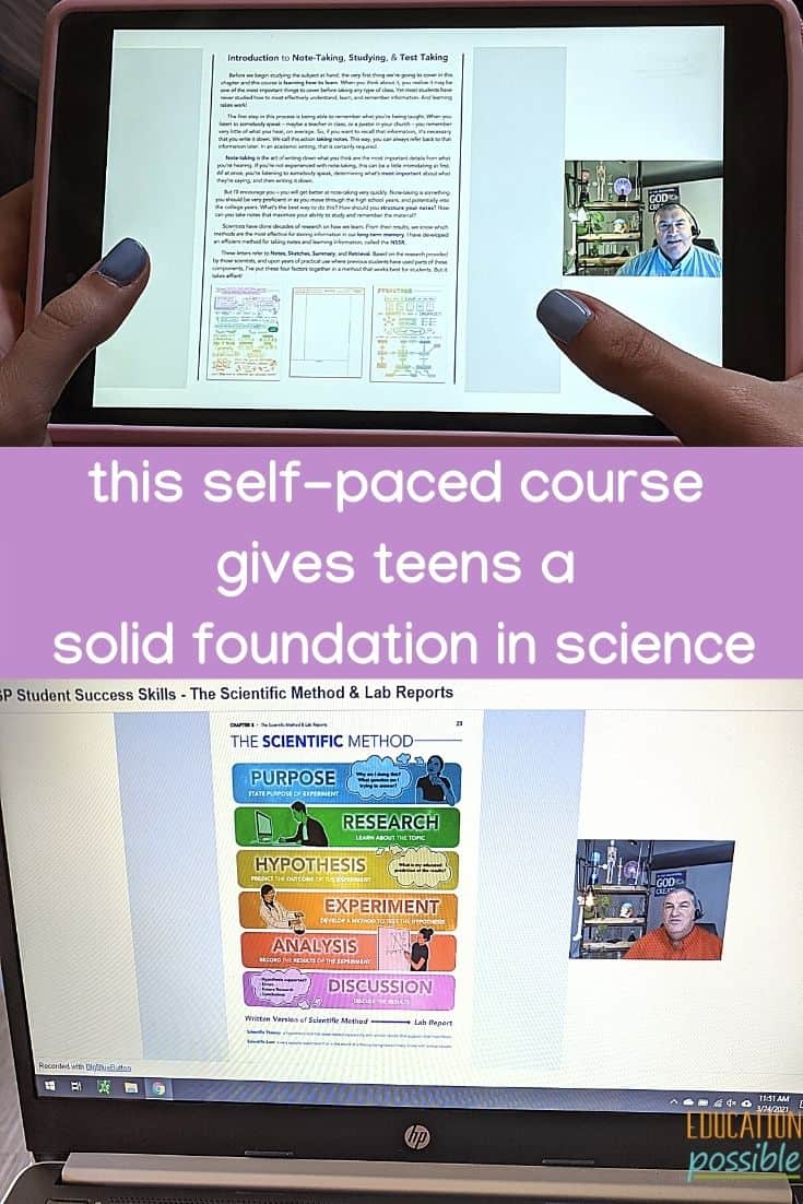 Collage of 2 images split by purple rectangle. Top is girl holding tablet watching class, bottom is lesson on laptop.