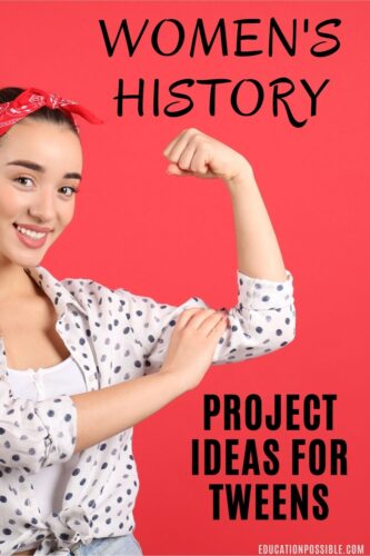 Teen girl in Rosie the Riveter pose to celebrate Women's History Month.