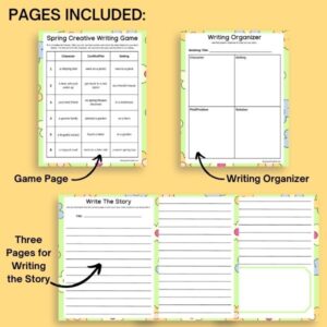 Pages included in a printable spring creative writing game