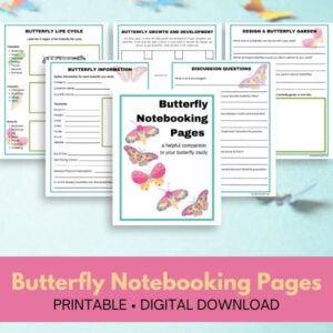 Images of 6 pages included in this printable butterfly study notebooking pages.