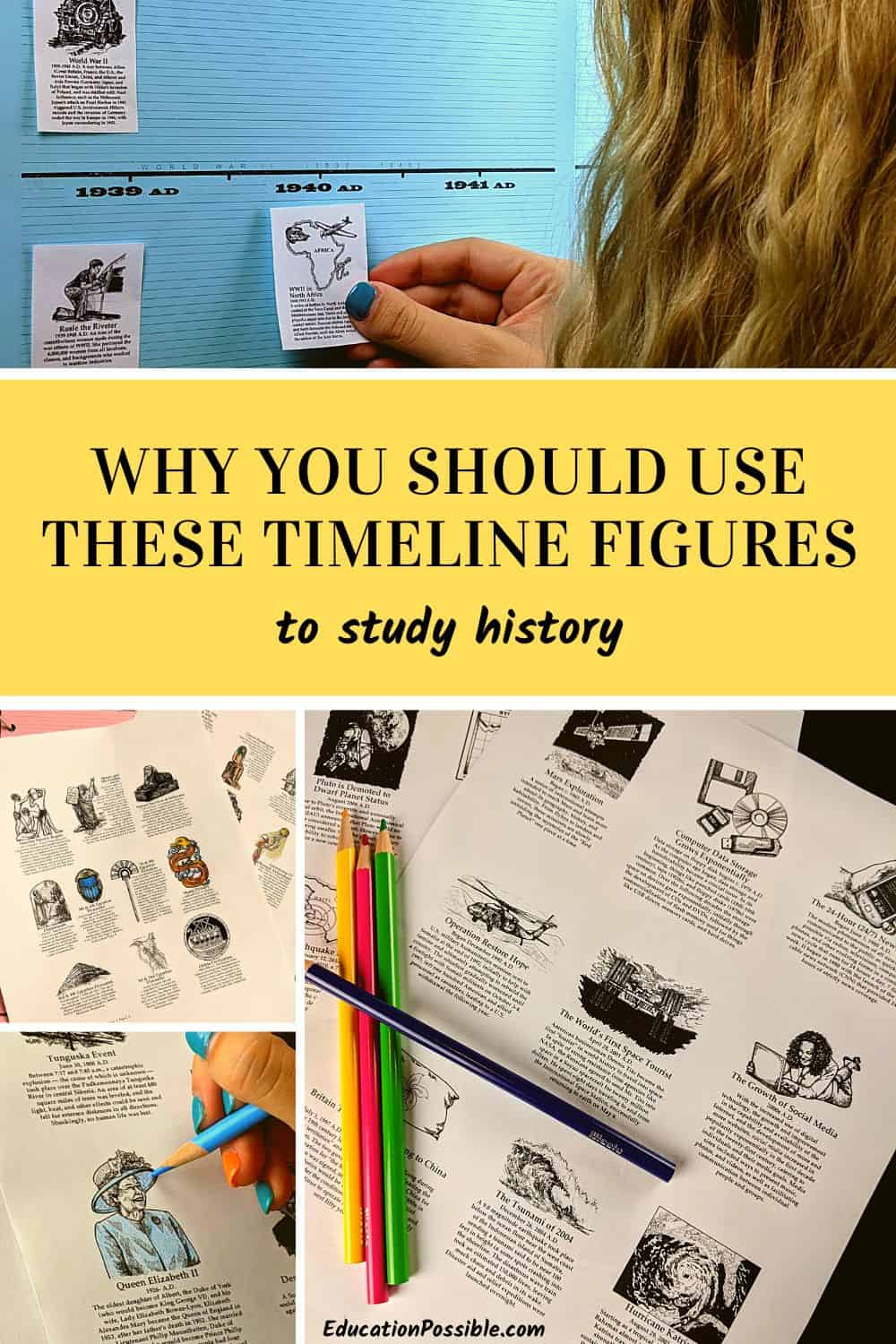 Collage of 4 images of a teen girl using printable timeline figures to build a history timeline.