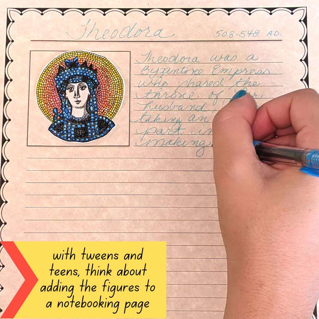 Teen girl writing a biography page on Theodora from Ancient Egypt.