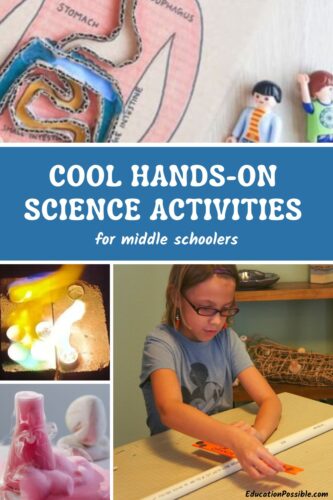 Collage of 4 images of fun science experiments for middle schoolers. Levers, chemical reaction, color of fire, digestive track mold.