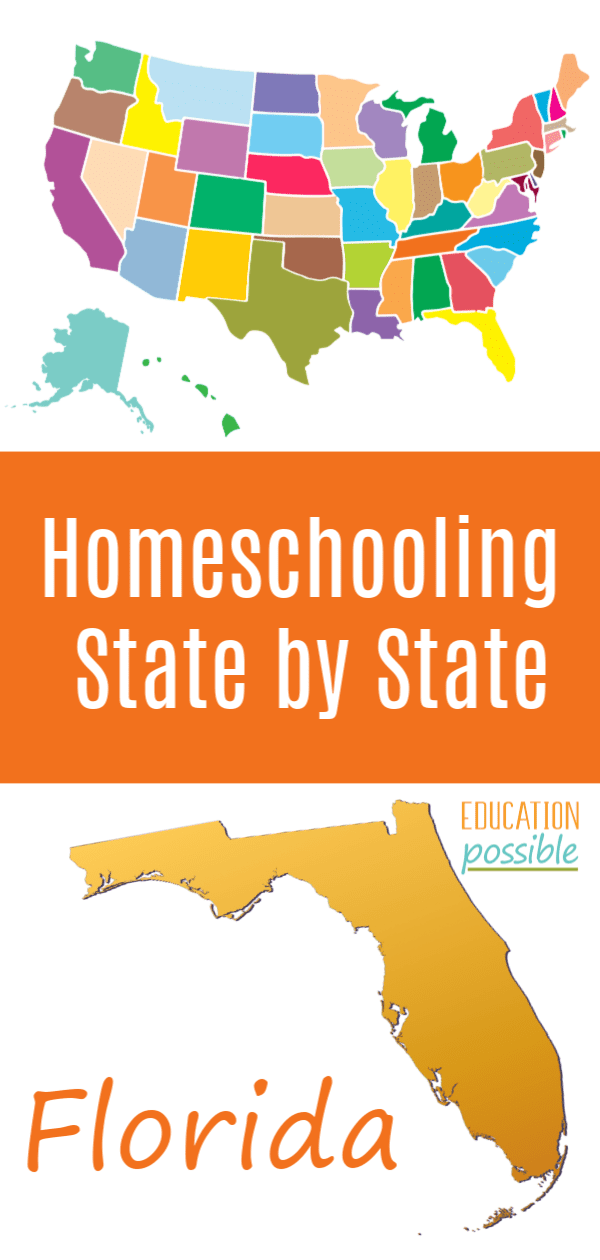 colorful vector of usa map on top and the state of Florida on the bottom. In the middle is text that reads Homeschooling state by state.