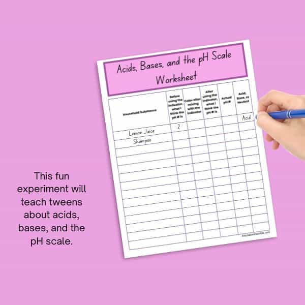 Image of a hand filling out a worksheet for an acids, bases, and pH scale chemistry lab.