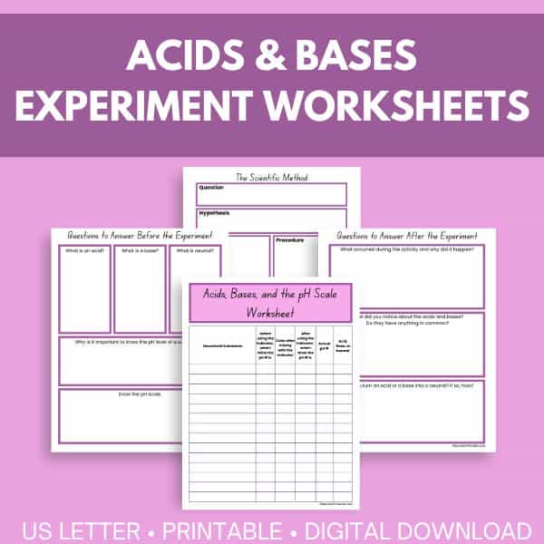 Image of 4 printable downloads for an acid and base experiment.