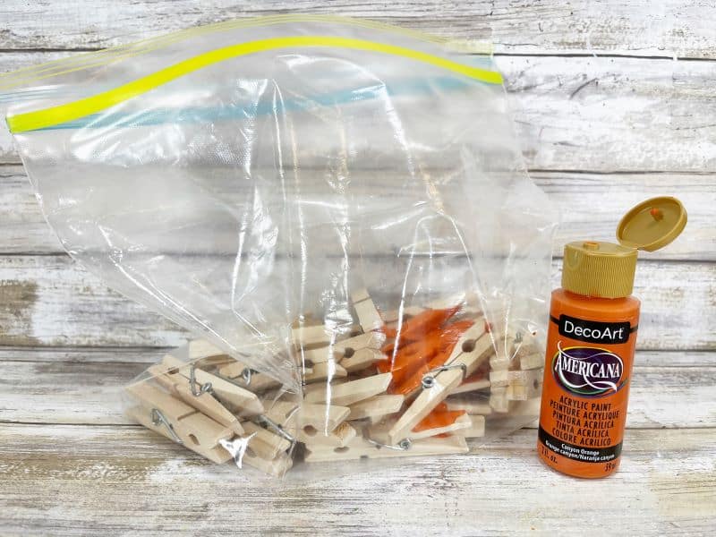 Adding some paint to a plastic bag filled with clothespins to color them orange