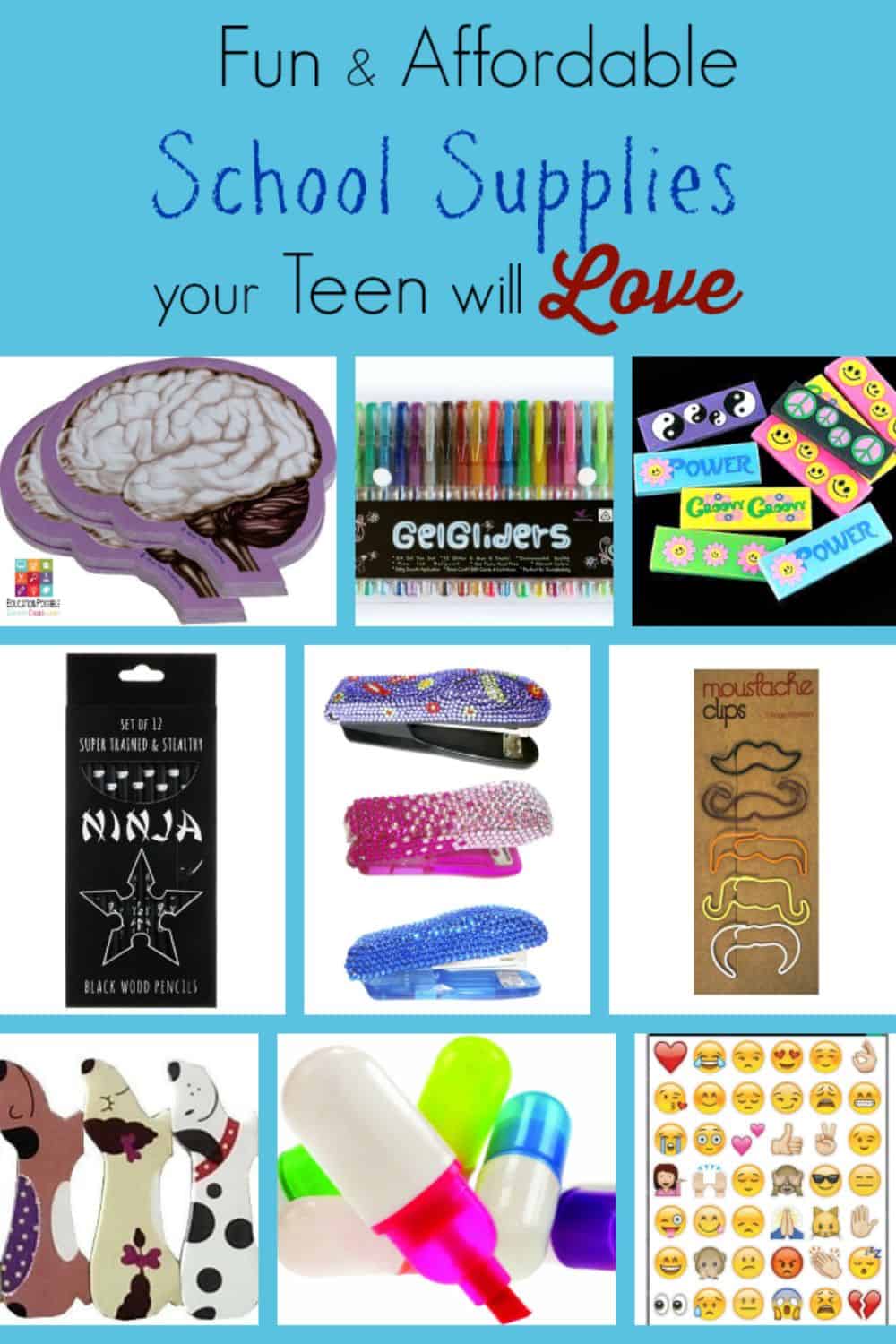 A collage of 9 unique school supplies for tweens