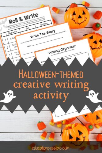 Images of 3 printable pages from a creative writing game on a table with Jack O Lanterns filled with candy corn on the right side