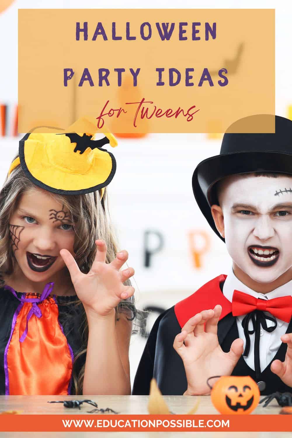 Tween girl dressed like a colorful witch and boy dressed as Dracula at a Halloween party