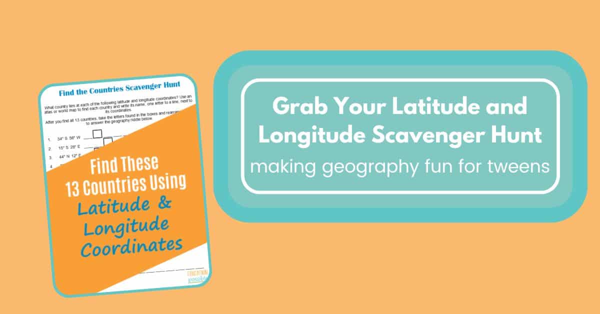 A sales box for a printable latitude and longitude scavenger hunt for tweens