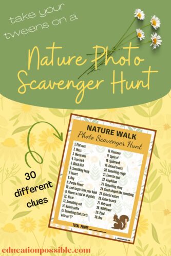 Graphic of a printable photo scavenger hunt list for a nature walk.