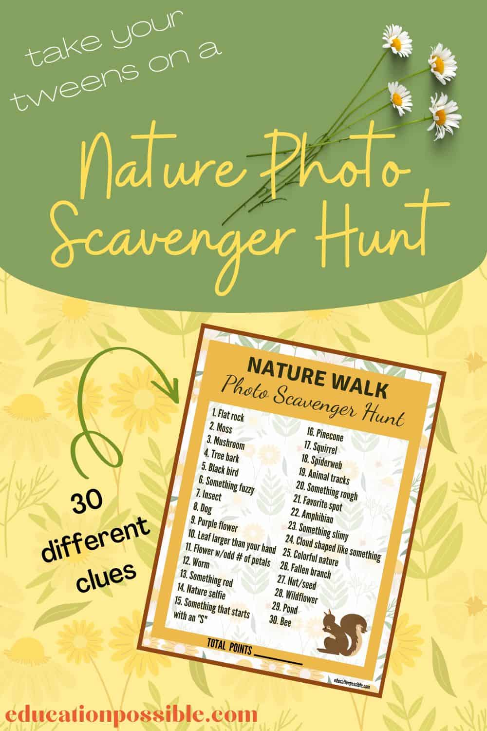 Graphic of a printable photo scavenger hunt list for a nature walk.
