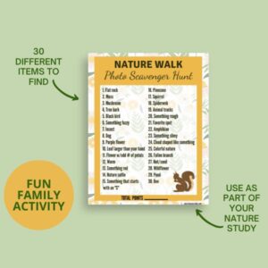 Graphic of scavenger hunt printable for a nature walk